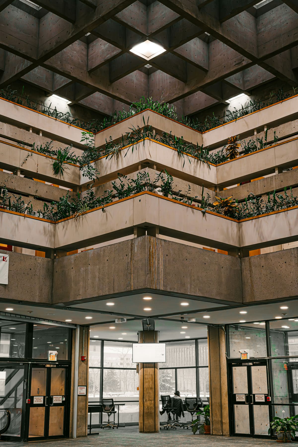 A concrete coffered ceiling above planted interior balconies and a glazed entrance.