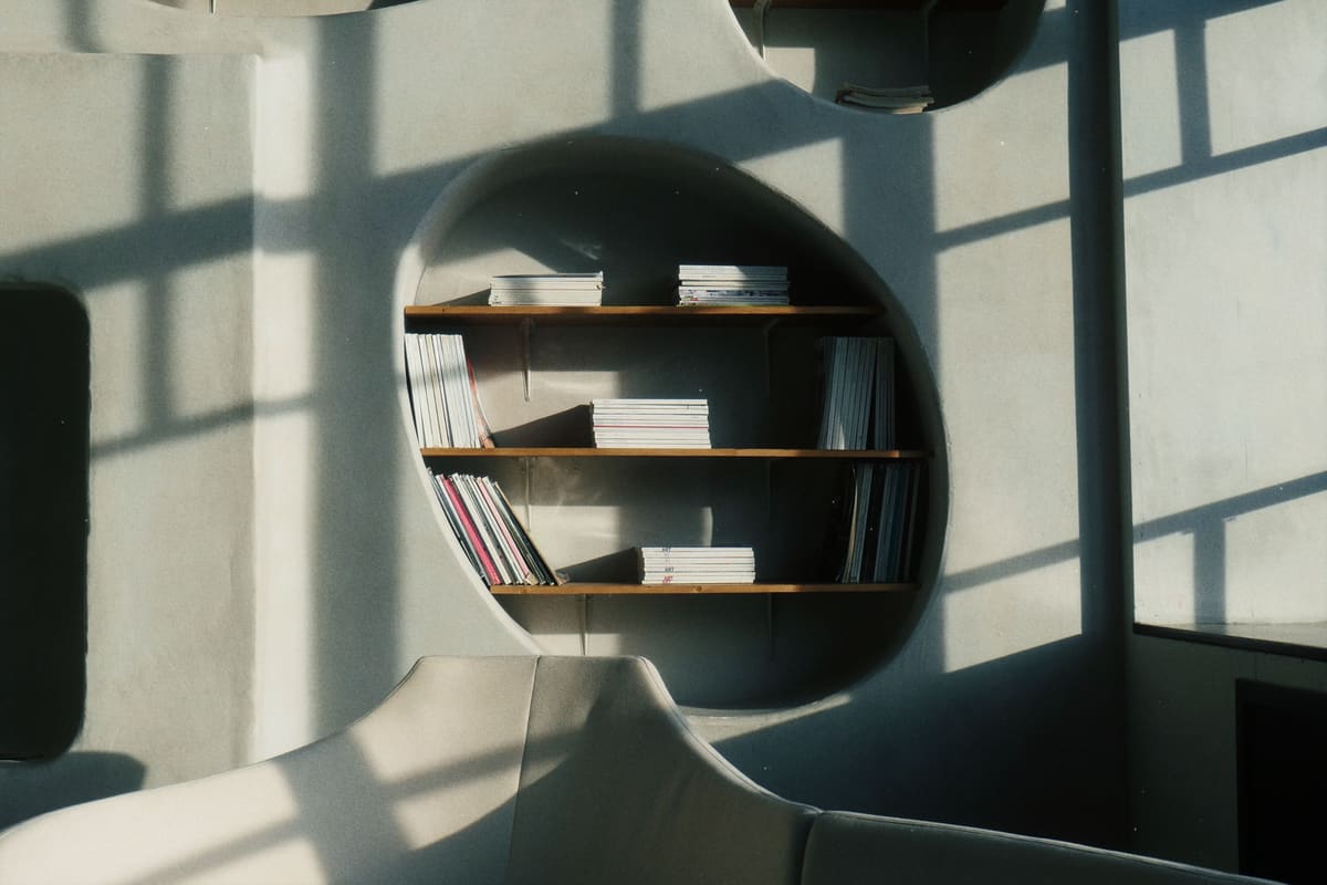 A curved built-in shelving wall and sculptural seating under severe window shadows.