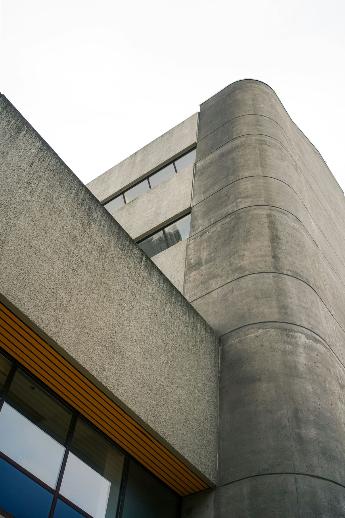 A rounded raw-concrete tower meeting hard angular planes, with one small warm timber detail.